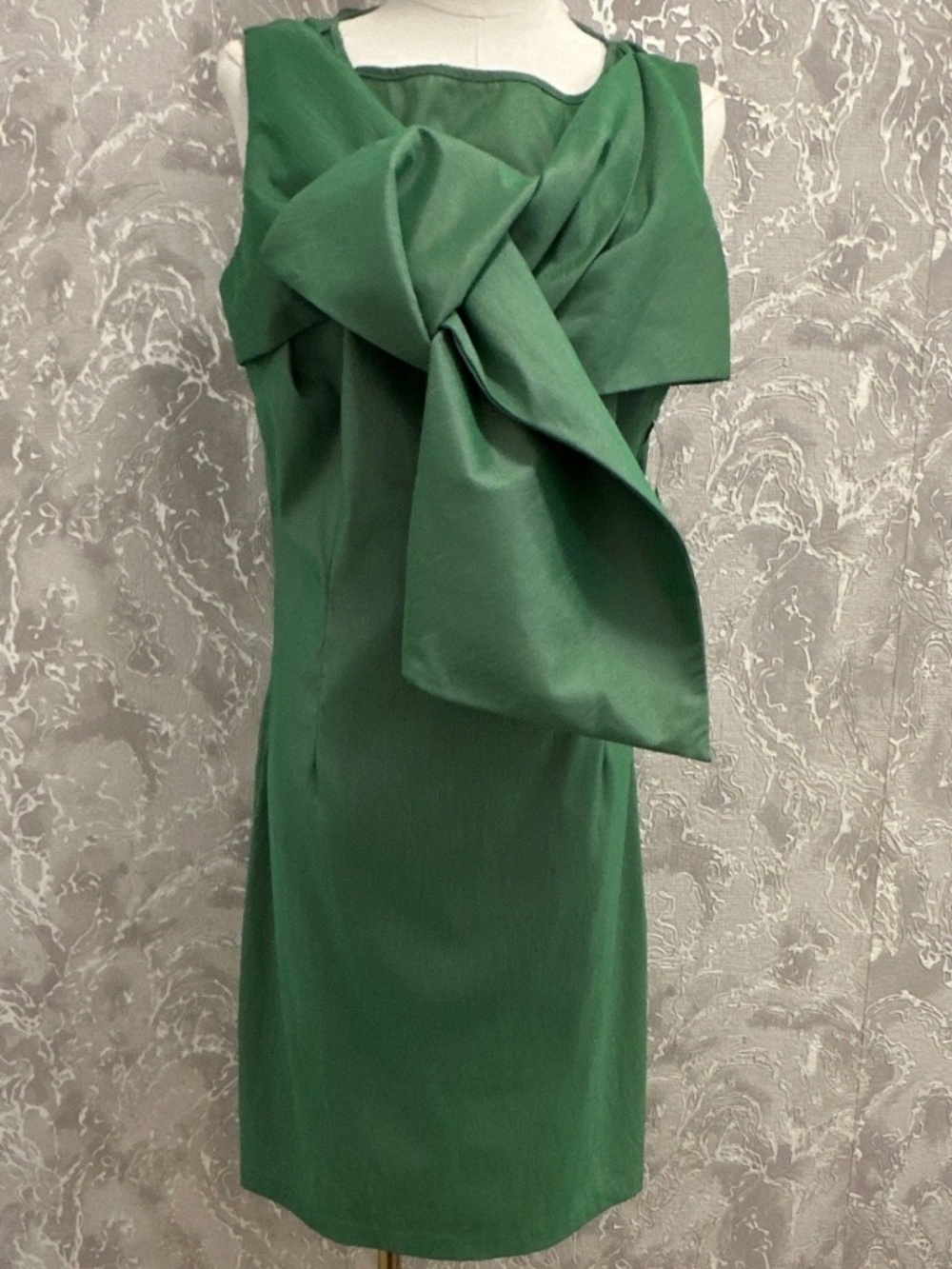 Samuel Dong Green Solid Sheath Knee Dress Sleeveless Bow Accent Zip L